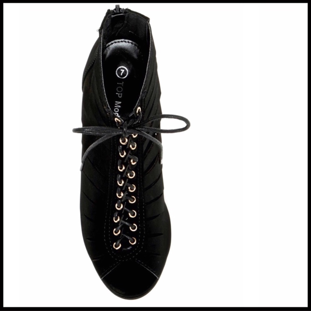 BLACK ANKLE BOOTIES LACE UP PEEP TOE HEELS A3C - Picture 5 of 8